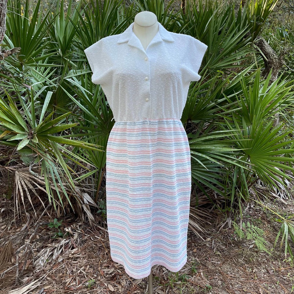Vintage 80s White Knit Shirt Waist Dress Striped Skirt Cap Slv Lady Carol Size L